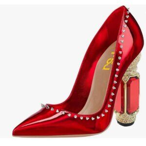 FSJ Red Mirror Bridal Pointed Toe Block High Heel Crystal Slip on Wedding Pumps